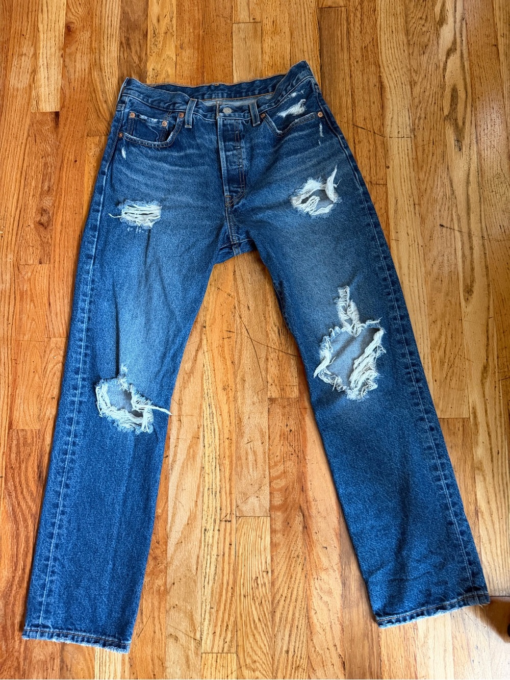 Levi's 501 Ripped Dark Blue Straight Jeans